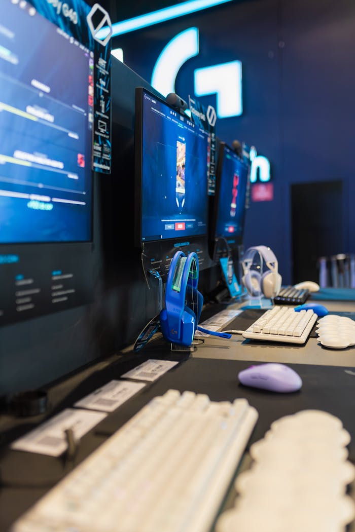about-me-01 A contemporary gaming setup featuring multiple monitors, keyboards, and headphones in a vertical angle.